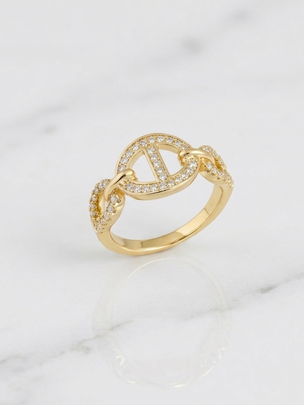 14K is Gold Plated CZ Mariner Link Ring | Gold Anchor Chain Band Ring - Picture 4 of 8